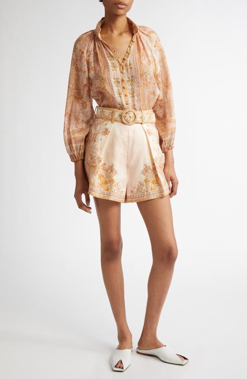 Shop Zimmermann Acacia Belted Linen Tuck Shorts In Cream/pink Multi