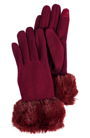 Marcus Adler Faux Fur Cuff Jersey Knit Gloves In Burgundy
