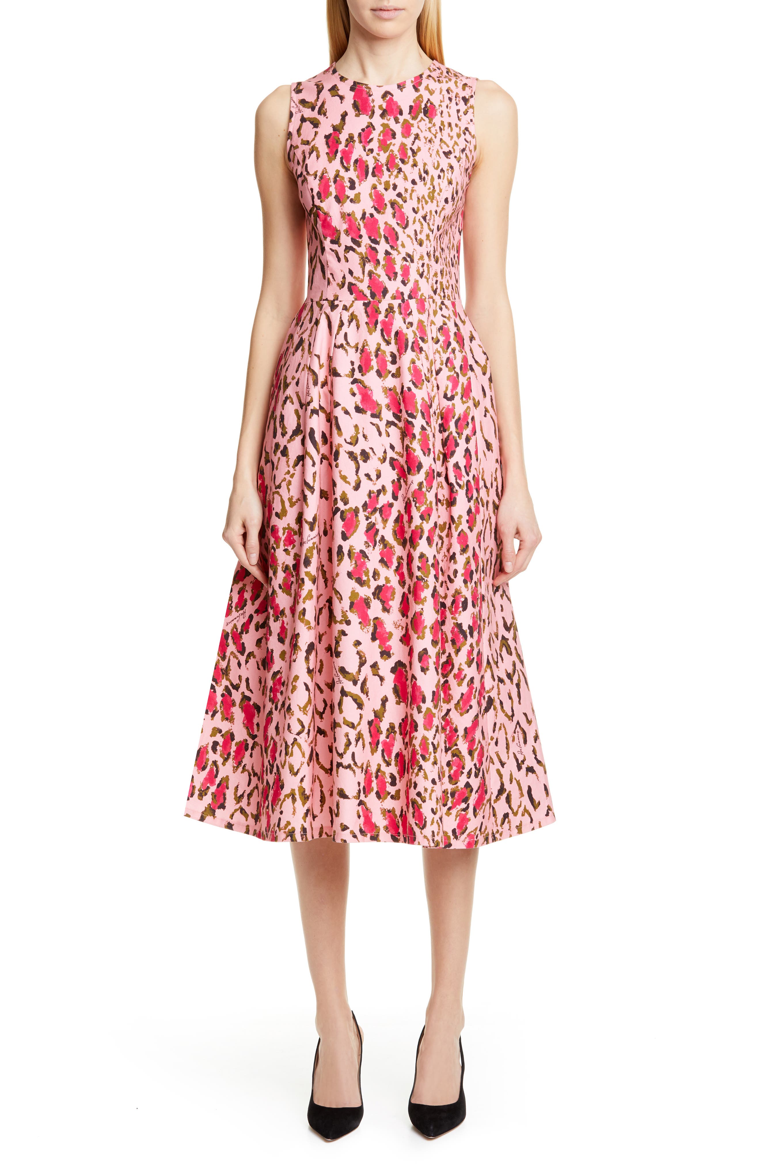 Carolina Herrera Leopard A-Line Midi Dress, Pink
