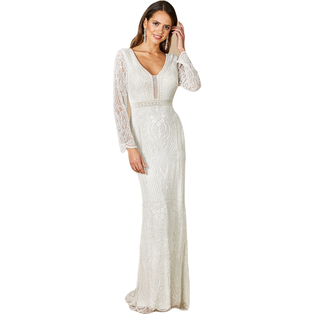 Lara New York Flora Beaded Long Sleeve Wedding Gown In Ivory