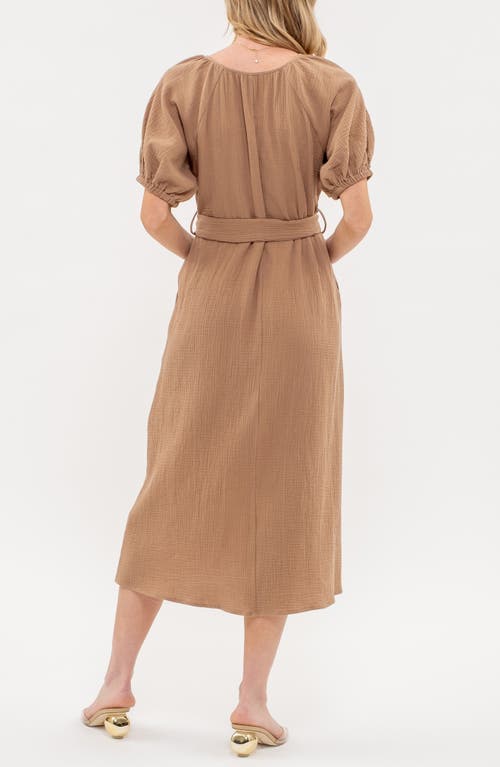 August Sky Puff Sleeve Midi Shirtdress In Tan