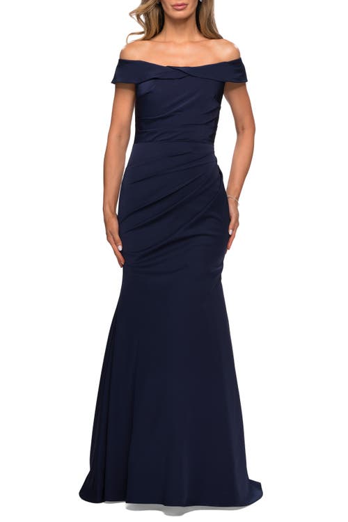 LA FEMME LA FEMME OFF THE SHOULDER SATIN EVENING GOWN WITH RUCHING
