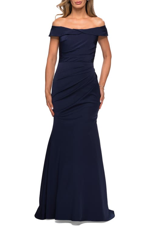 Shop La Femme Off The Shoulder Satin Evening Gown With Ruching In Navy