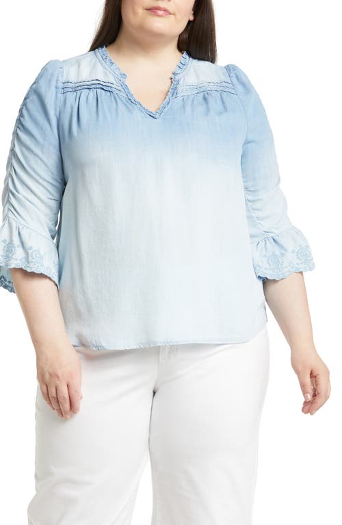 Wit & Wisdom Ruched Sleeve Chambray Top in Light Powder Blue