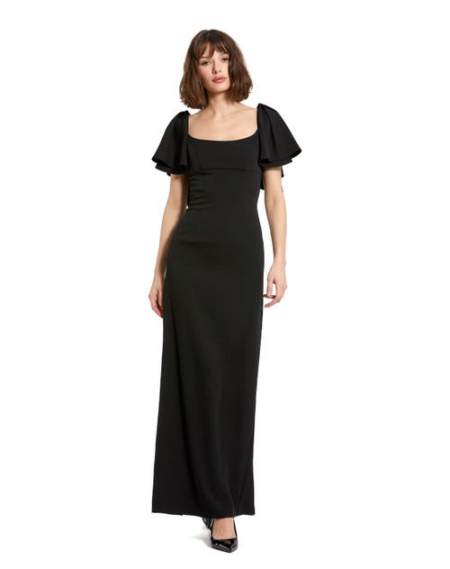 Mac Duggal Crepe Fitted Gown With Short Ruffle Sleeves In Black