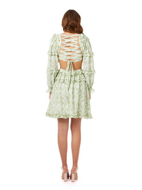 Shop Lara New York V-neck Long Sleeve Print Cocktail Short With Cutout And Lace Up Back In Greenprint