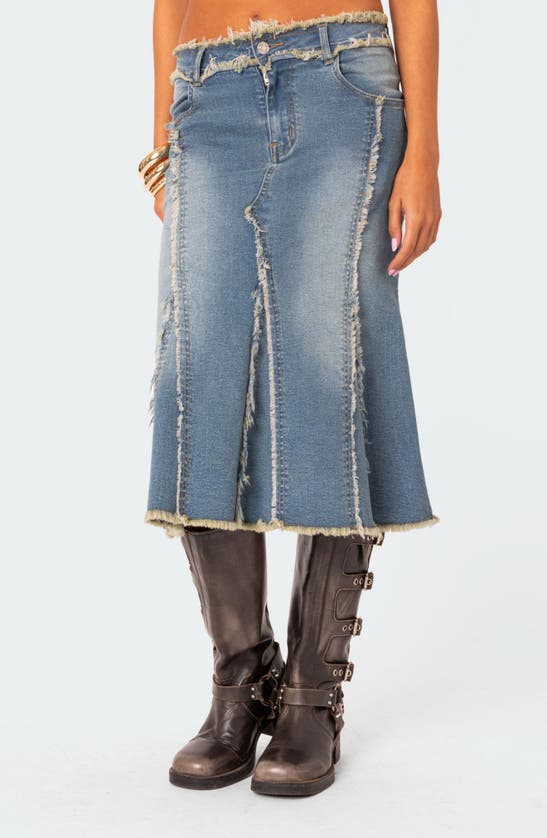 Shop Edikted Arabella Distressed Denim Midi Skirt In Blue-washed