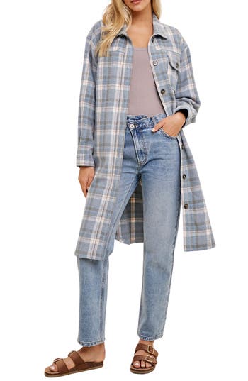 Wishlist Plaid Brushed Long Shacket In Blue