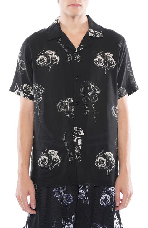 Cult of Individuality Rose Print Short Sleeve Cotton Button-Up Shirt in Thorns