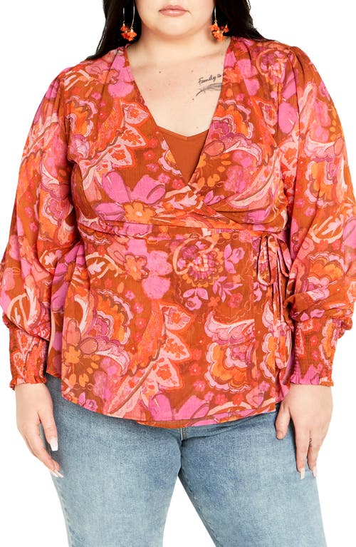 City Chic Alexis Paisley Long Sleeve Wrap Top Freehand Blooms at