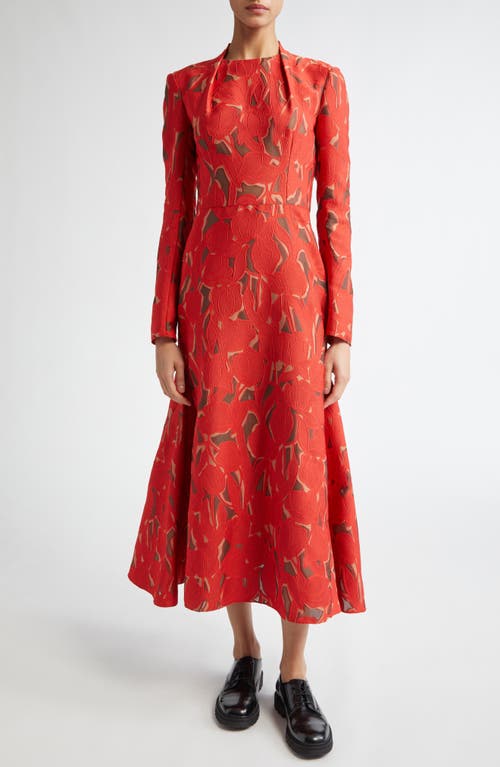 Shop Emilia Wickstead Seneca Burnout Floral Jacquard Long Sleeve Fit & Flare Dress In Red On Beige