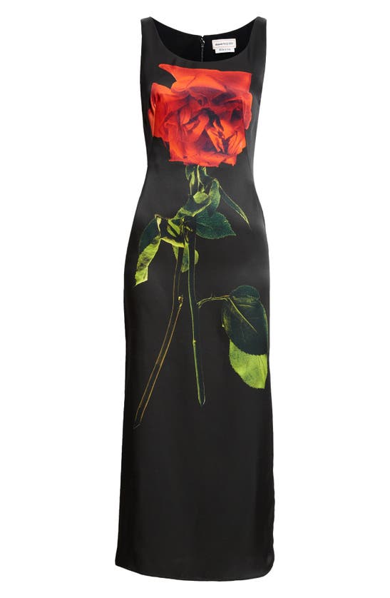 Shop Alexander Mcqueen Rose Print Silk Cocktail Dress In Black