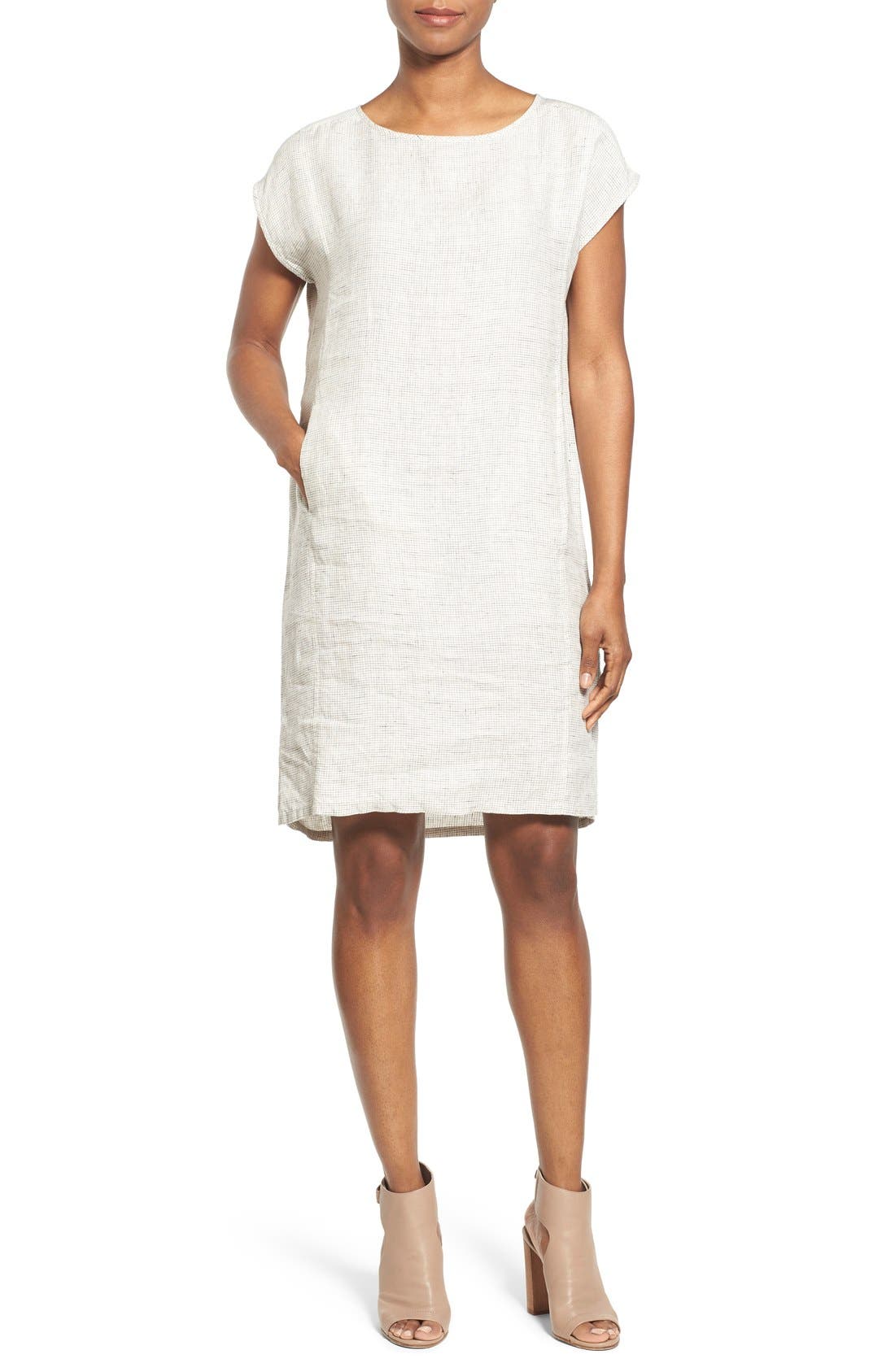 Eileen Fisher Print Linen Ballet Neck Knee Length Shift Dress (Regular