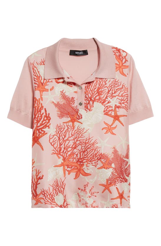 Shop Versace La Vacanza Silk & Wool Mixed Media Polo In Dusty Rose Coral Bone