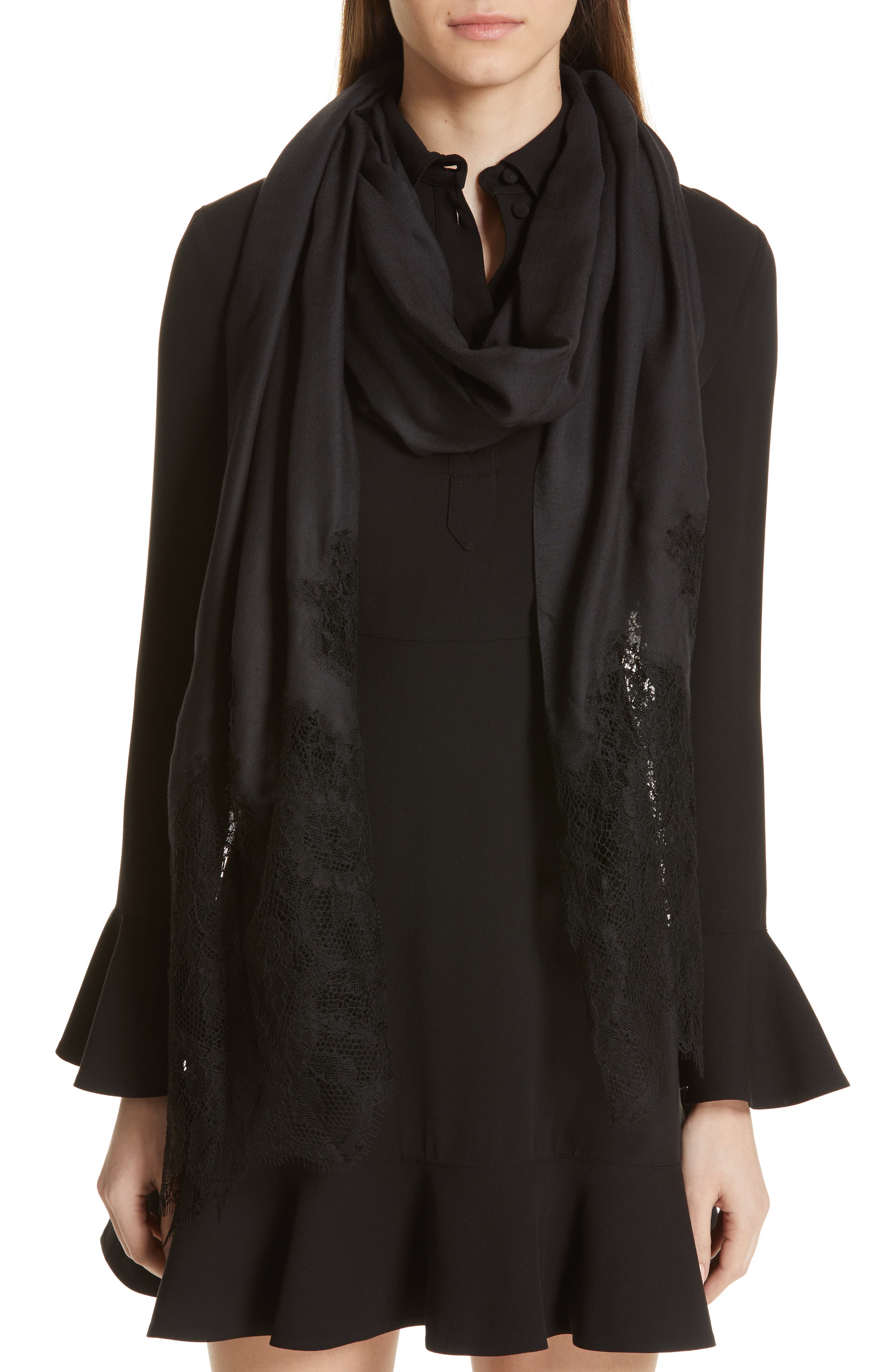 Click to view more detailed imagery on our partner's website Valentino Lace Trim Modal & Cashmere Scarf In Black