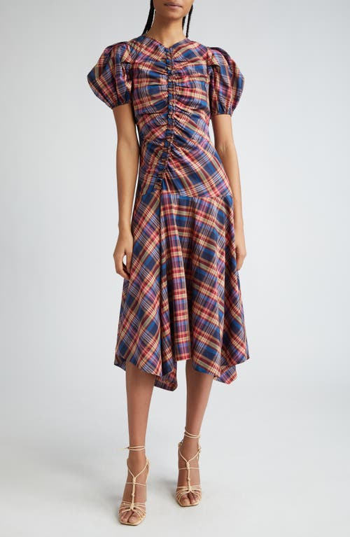 Ulla Johnson Heleen Plaid Short Sleeve Cotton & Silk Midi Dress Lapis at Nordstrom,