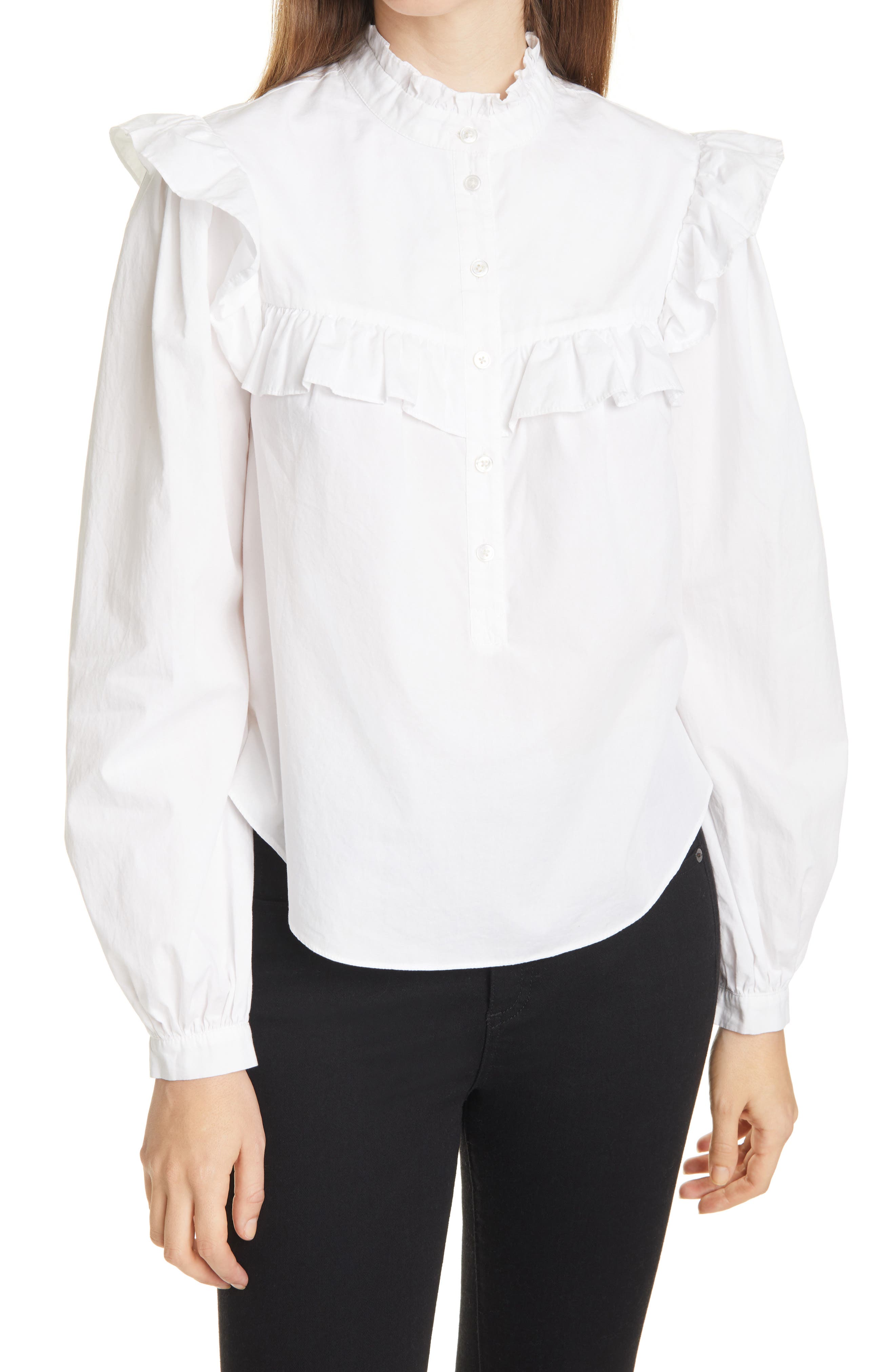 white button up blouse with ruffles