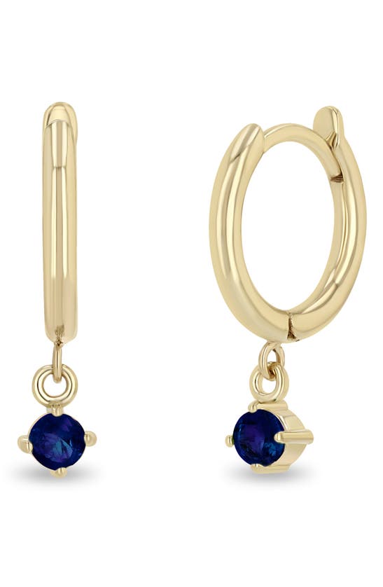 Shop Zoë Chicco Blue Sapphire Drop Huggie Hoop Earrings In Yellow Gold