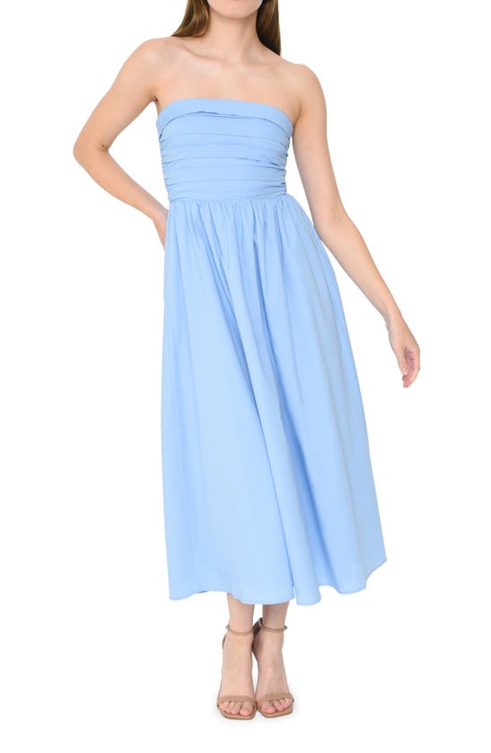 Shop Wayf Sammie Pleat Strapless Stretch Cotton Sundress In Dusty Blue