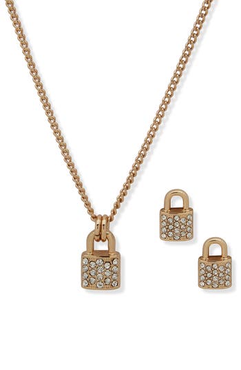 Shop Dkny Padlock Pendant Necklace & Earrings Set In Gold/crystal