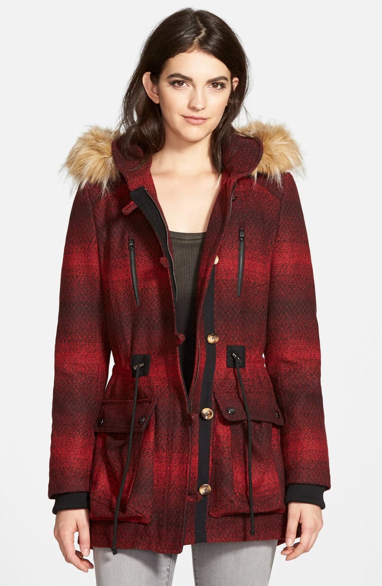 Steve Madden 'Red Stripe' Hooded Duffle Coat with Faux Fur Trim (Online ...