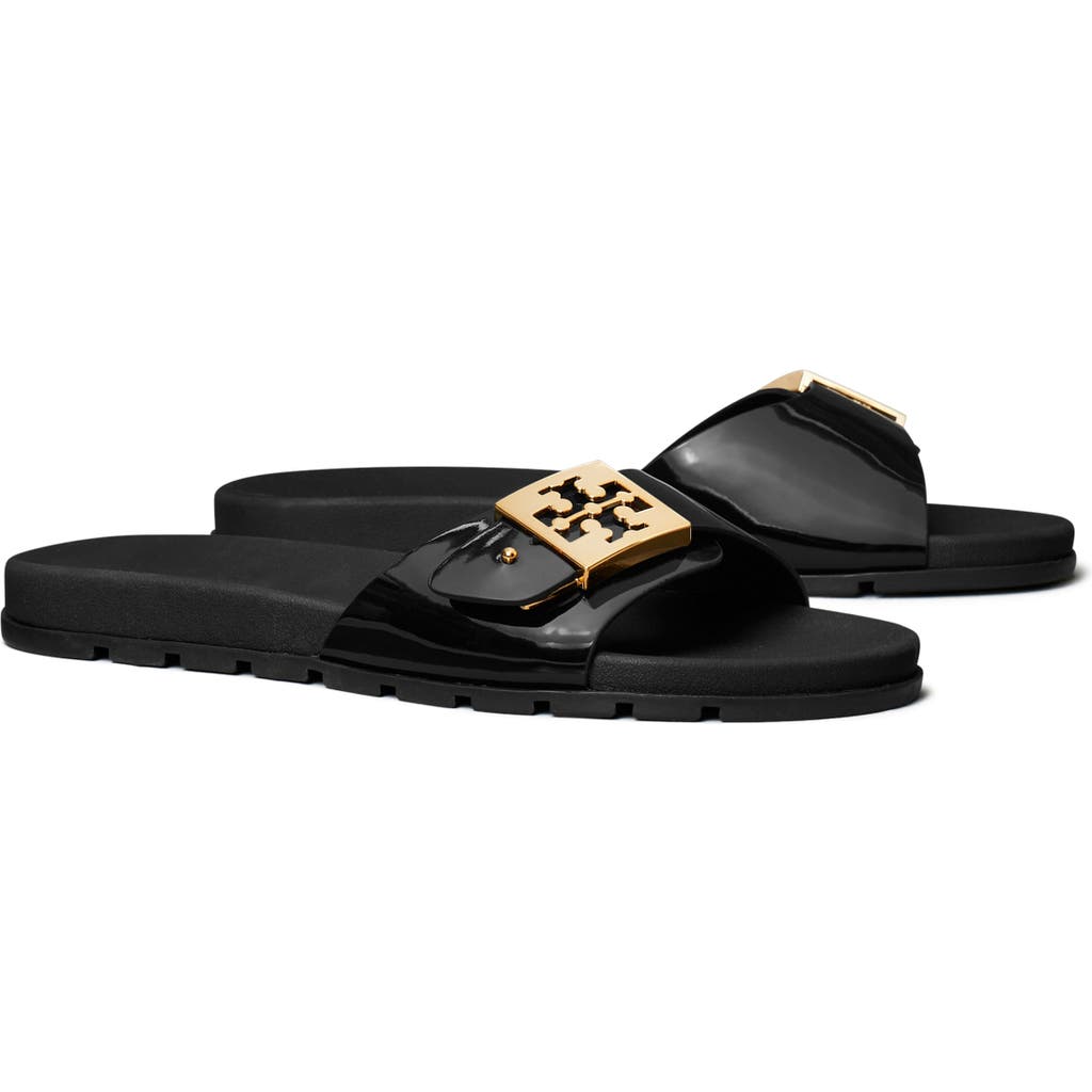Tory Burch Buckle Slide Sandal In Perfect Black/gold