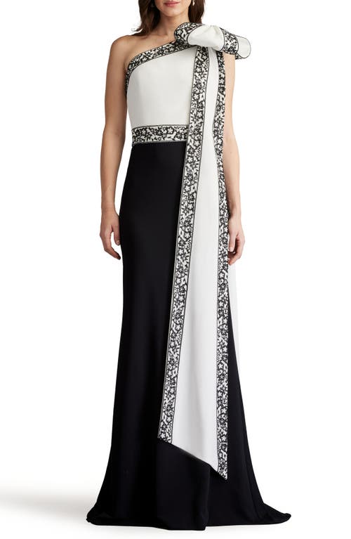 Shop Tadashi Shoji Lace Detail One-shoulder Gown In Ivory/black