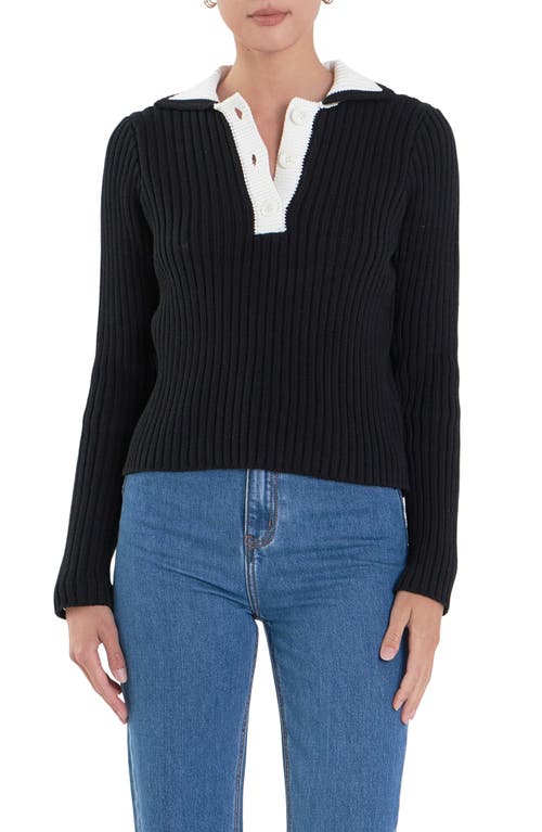 English Factory Colorblock Long Sleeve Cotton Rib Polo In Black