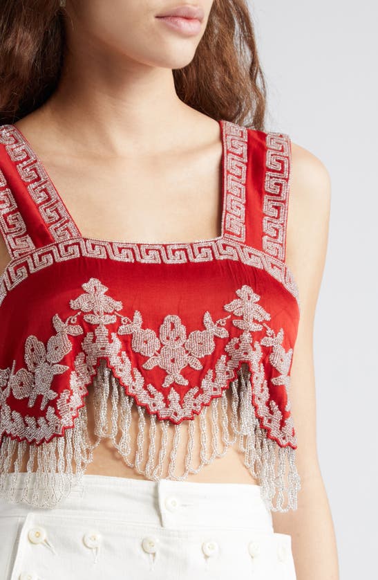 Shop Bode Amrita Beaded Fringe Crop Top In Red