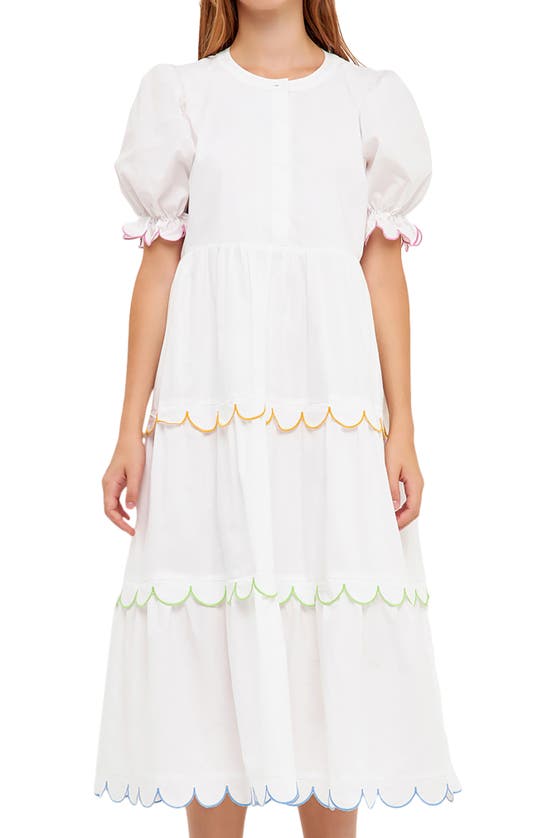 Shop English Factory Contrast Scalloped Trim Cotton Midi Dress In White Multi