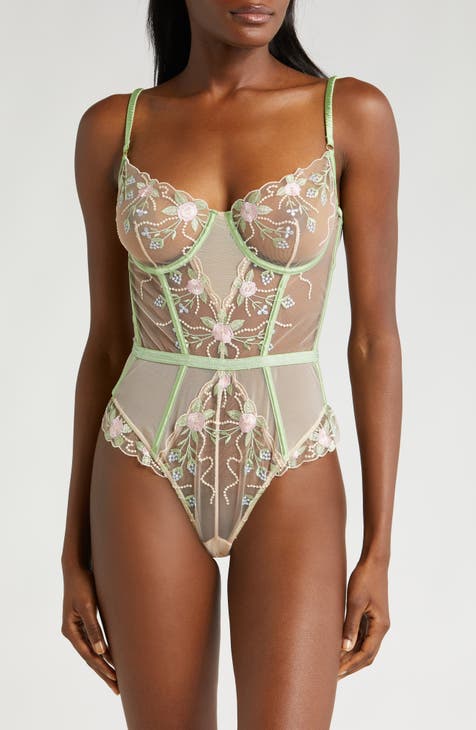 Mrs Spicy 4 Colors Floral Embroidered Sheer Mesh Bodysuit Small