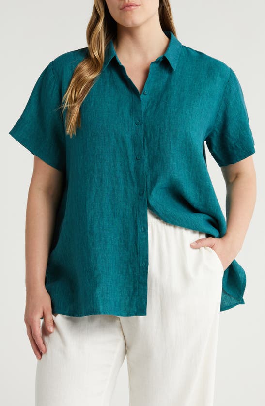 Shop Eileen Fisher Organic Linen Button-up Shirt In Aegean