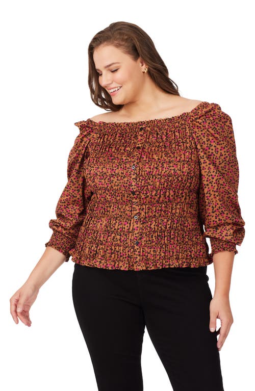 Shop Foxcroft Olivia Cheetah Print Smocked Top In Black/orange Multi