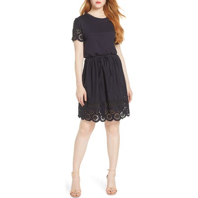 French Connection Santoline Cotton Eyelet Jersey Fit & Flare Dress, Blue