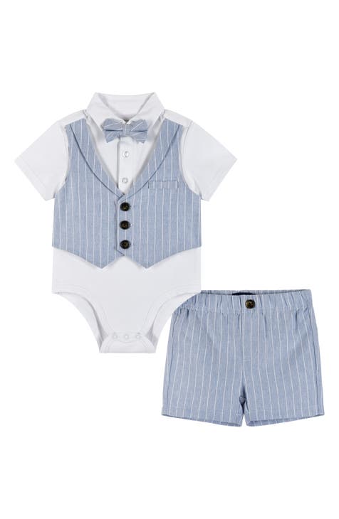 Stripe Short Sleeve Button-Up Chambray Bodysuit, Shorts & Bow Tie Set (Baby)