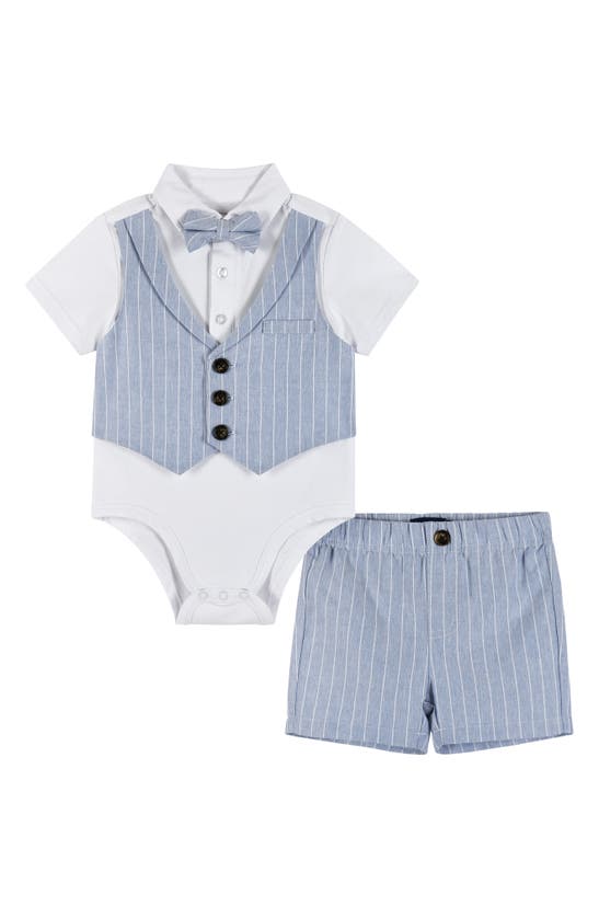 Andy & Evan Babies' Stripe Short Sleeve Button-up Chambray Bodysuit, Shorts & Bow Tie Set