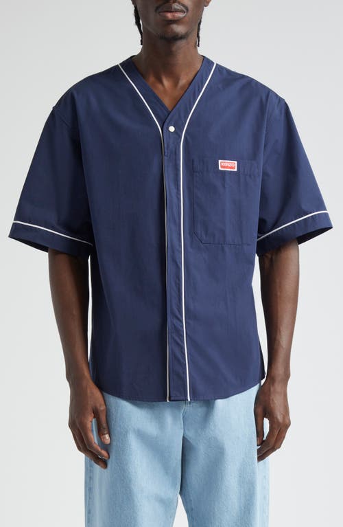 KENZO Baseball Short Sleeve Cotton Button-Up Shirt Midnight Blue at Nordstrom,