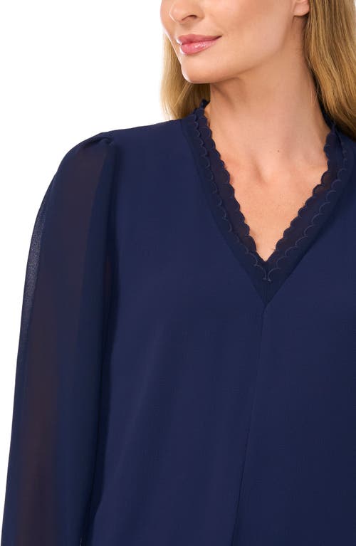 Shop Cece Scallop Detail Georgette Top In Classic Navy