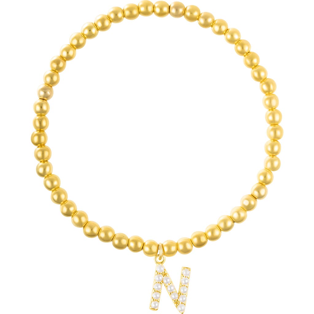 Adornia Faux Pearl Initial Charm Beaded Bracelet In Gold White-n