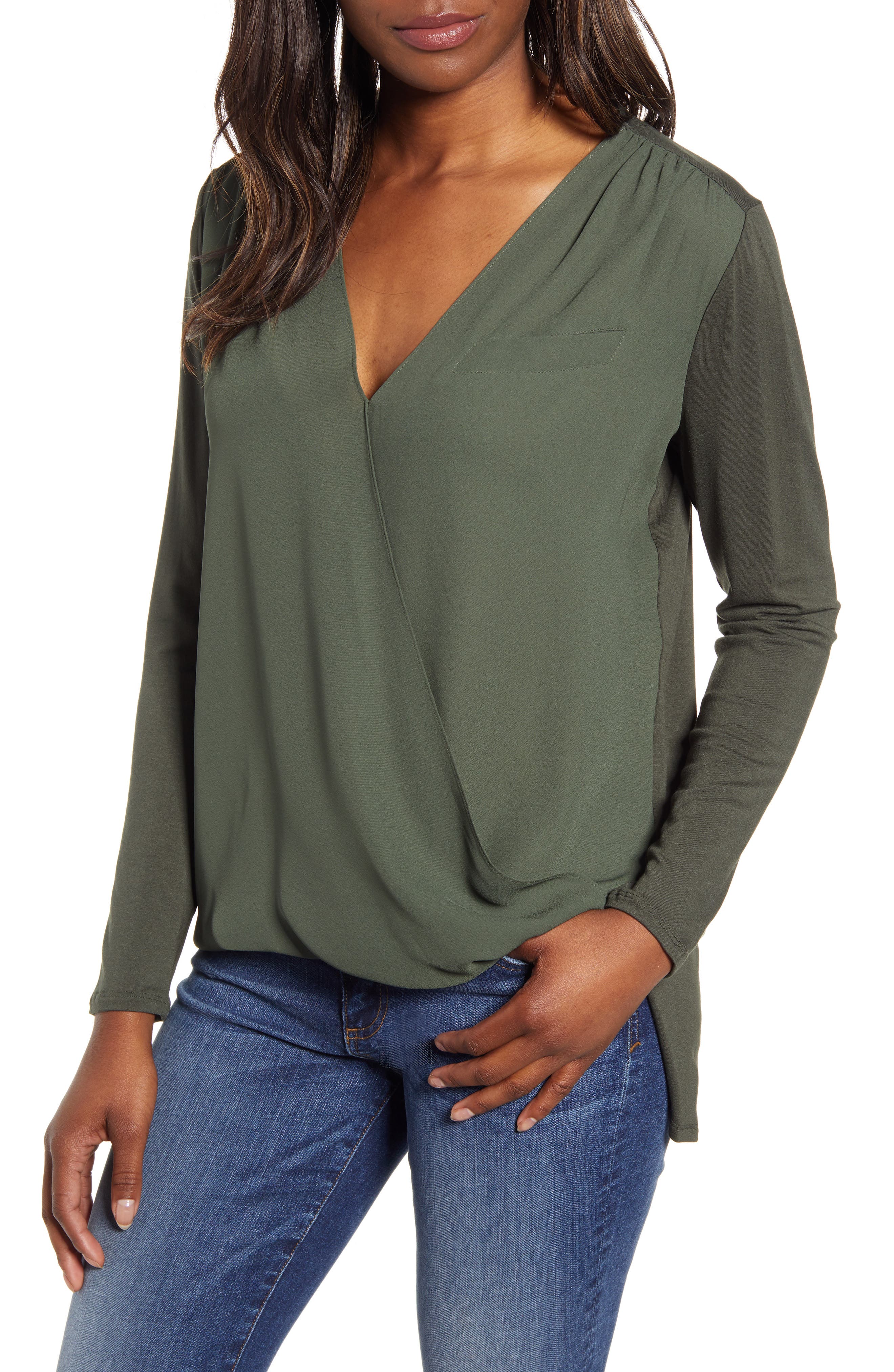 Vince Camuto Georgette & Jersey Faux Wrap Blouse | Nordstrom