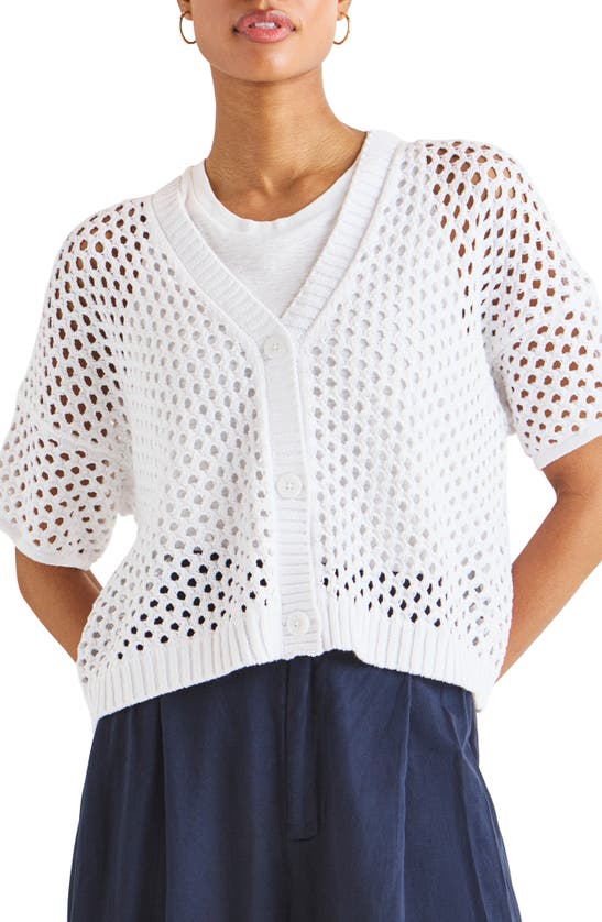 Shop Splendid Nova Short Sleeve Cotton Pointelle Cardigan In White