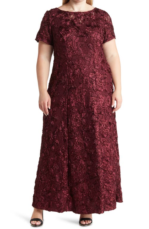 Alex Evenings Rosette Lace Short Sleeve A Line Gown in Merlot