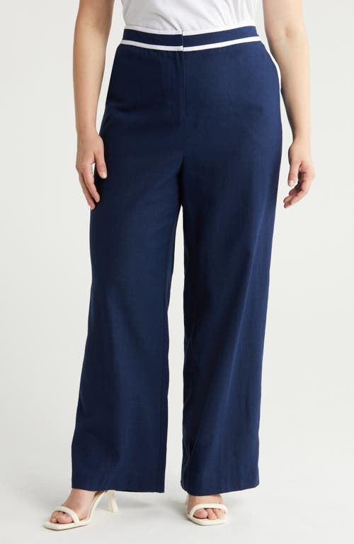 halogen(r) Stripe Wide Leg Linen Blend Pants in Classic Navy Blue