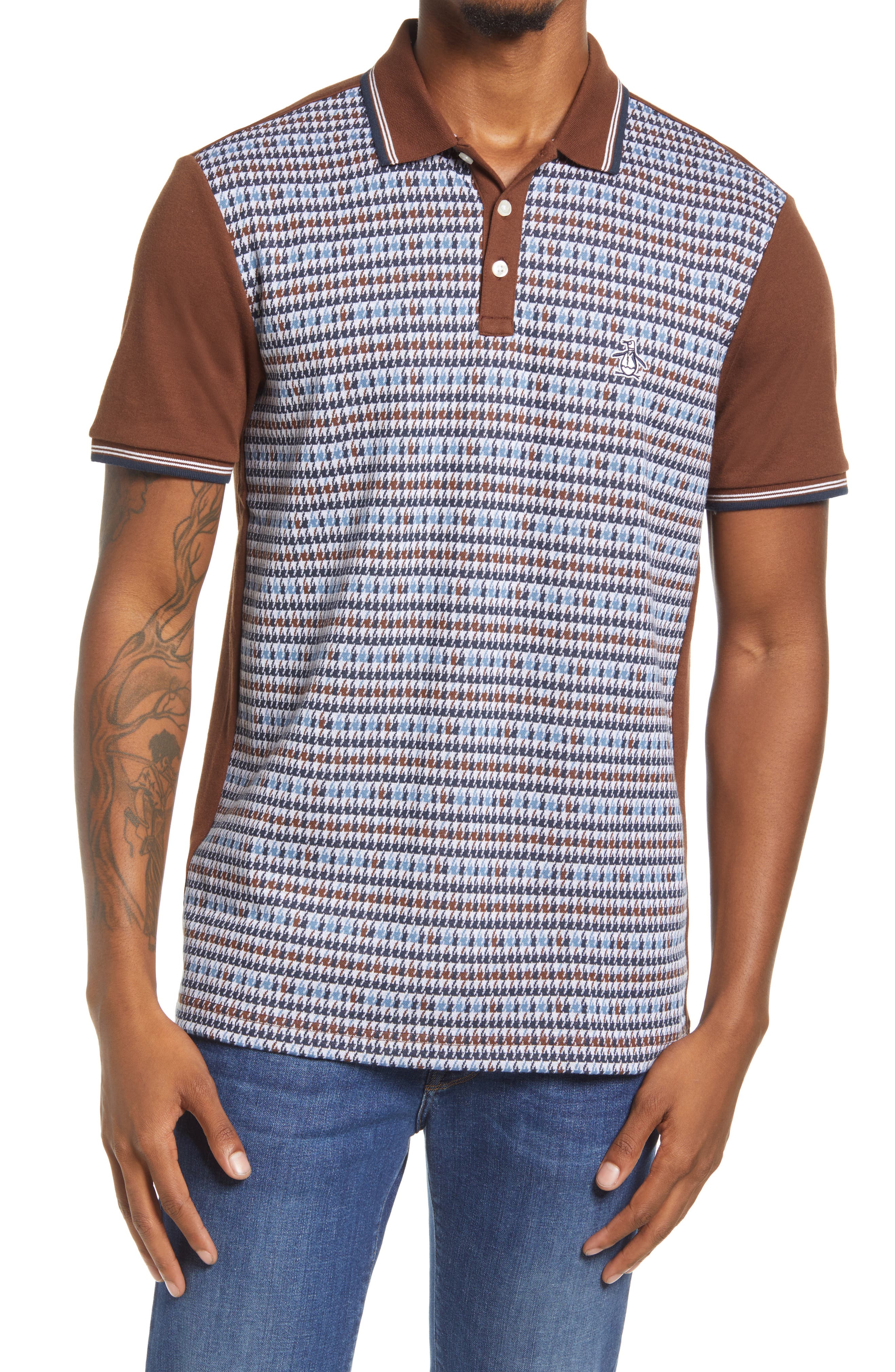 UPC 799016085308 product image for Original Penguin Men's Houndstooth Short Sleeve Polo, Size Large in Potting Soil | upcitemdb.com