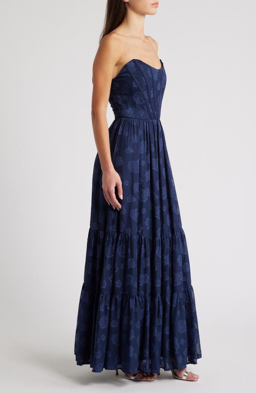 Lulus Gracefully Elegant Embroidered Corset Gown In Navy Blue