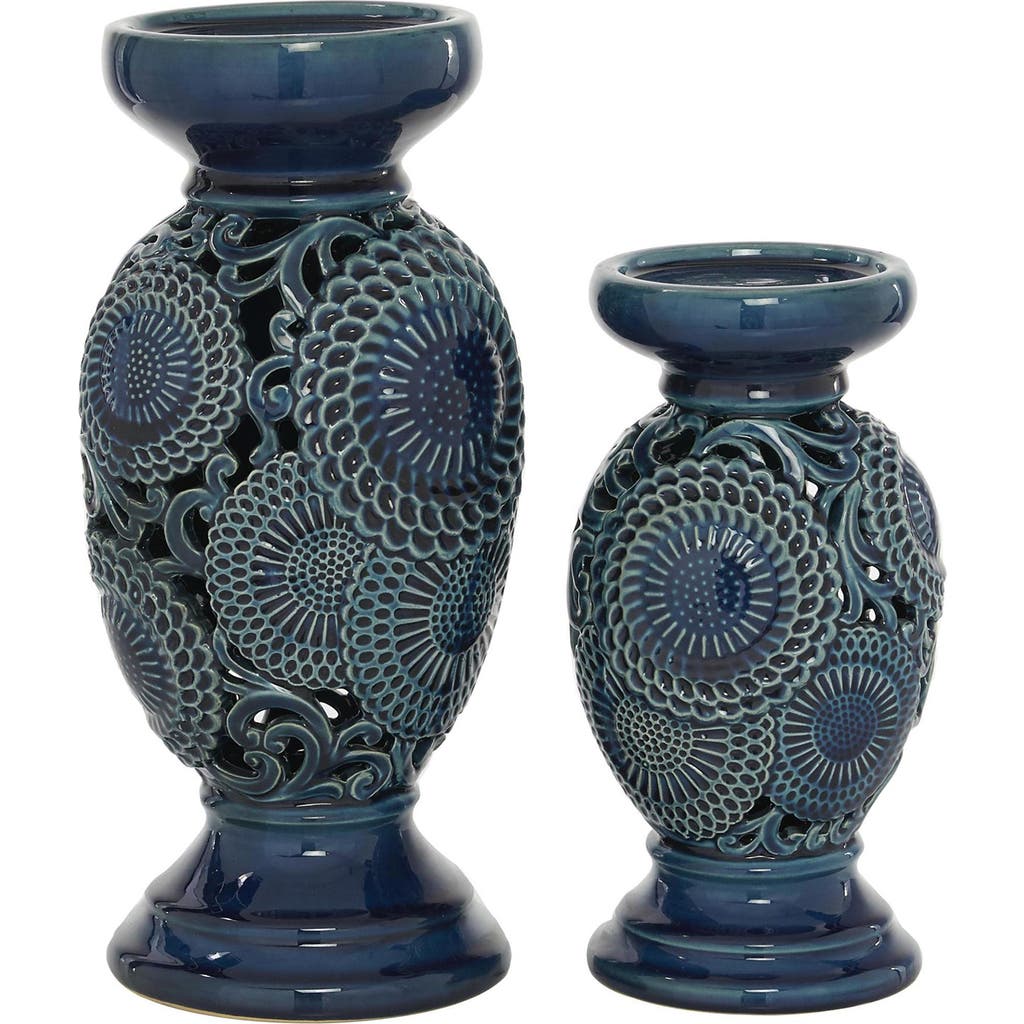 Willow Row Eclectic Blue Ceramic Candle Holder In Blue