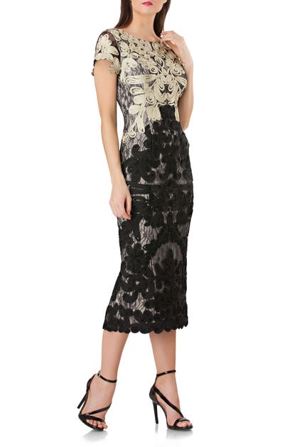 Click to view more detailed imagery on our partner's website Js Collections Soutache Lace Midi Dress In Gold/ Black