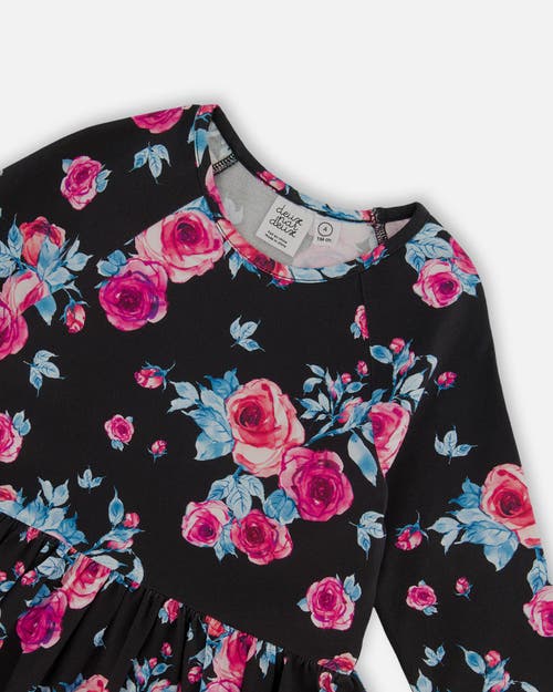 Shop Deux Par Deux Girl's Printed Roses Dress With Pockets Black