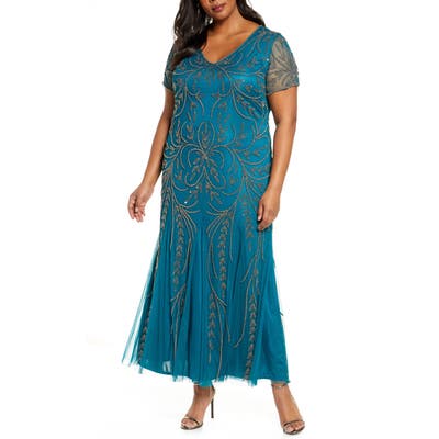 Plus Size Pisarro Nights V-Neck Embellished Mesh Gown, Blue/green