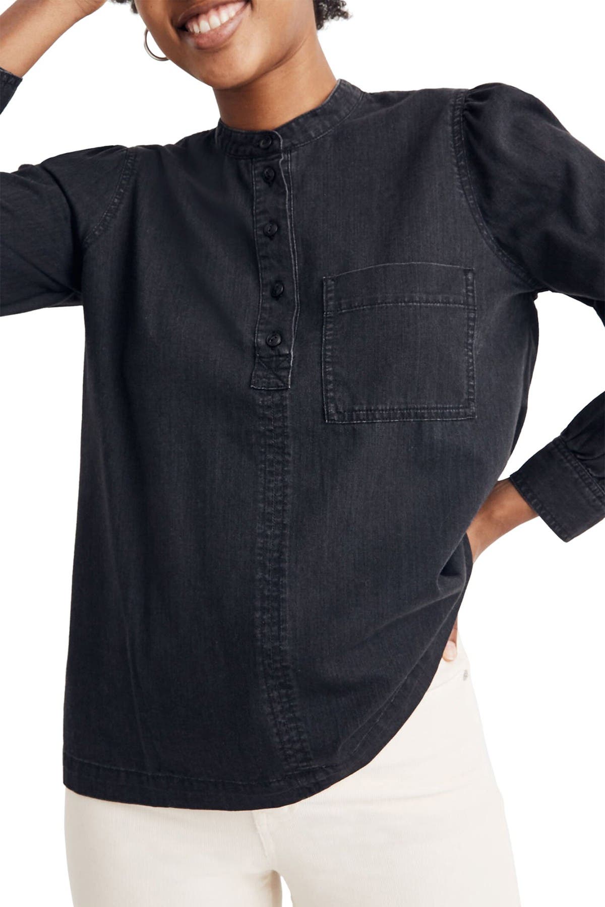 collarless denim shirt